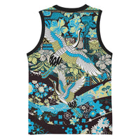 Japanese Hawaiian Crane Basketball Jersey Blue Tapa Patchwork Pattern