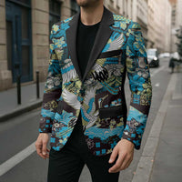 Japanese Hawaiian Crane Blazer Blue Tapa Patchwork Pattern