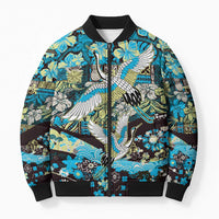 Japanese Hawaiian Crane Bomber Puffer Jacket Blue Tapa Patchwork Pattern