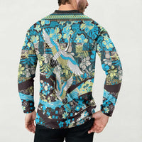 Japanese Hawaiian Crane Button Sweatshirt Blue Tapa Patchwork Pattern