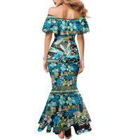 Japanese Hawaiian Crane Family Matching Mermaid Dress and Hawaiian Shirt Blue Tapa Patchwork Pattern