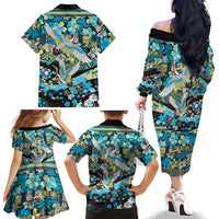 Japanese Hawaiian Crane Family Matching Off The Shoulder Long Sleeve Dress and Hawaiian Shirt Blue Tapa Patchwork Pattern LT9 - Polynesian Pride
