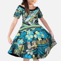 Japanese Hawaiian Crane Family Matching Off Shoulder Maxi Dress and Hawaiian Shirt Blue Tapa Patchwork Pattern