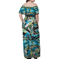 Japanese Hawaiian Crane Family Matching Off Shoulder Maxi Dress and Hawaiian Shirt Blue Tapa Patchwork Pattern