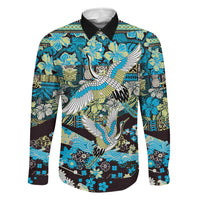 Japanese Hawaiian Crane Family Matching Short Sleeve Bodycon Dress and Hawaiian Shirt Blue Tapa Patchwork Pattern LT9 Dad's Shirt - Long Sleeve Blue - Polynesian Pride