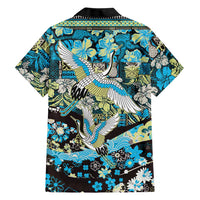 Japanese Hawaiian Crane Family Matching Summer Maxi Dress and Hawaiian Shirt Blue Tapa Patchwork Pattern