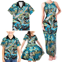 Japanese Hawaiian Crane Family Matching Tank Maxi Dress and Hawaiian Shirt Blue Tapa Patchwork Pattern