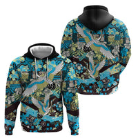 Japanese Hawaiian Crane Hoodie Blue Tapa Patchwork Pattern