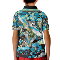 Japanese Hawaiian Crane Kid Polo Shirt Blue Tapa Patchwork Pattern