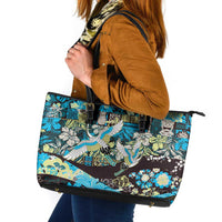 Japanese Hawaiian Crane Leather Tote Bag Blue Tapa Patchwork Pattern
