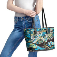 Japanese Hawaiian Crane Leather Tote Bag Blue Tapa Patchwork Pattern