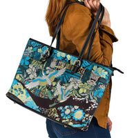 Japanese Hawaiian Crane Leather Tote Bag Blue Tapa Patchwork Pattern
