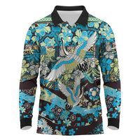 Japanese Hawaiian Crane Long Sleeve Polo Shirt Blue Tapa Patchwork Pattern