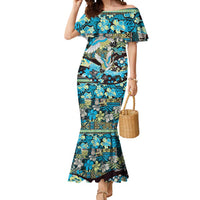 Japanese Hawaiian Crane Mermaid Dress Blue Tapa Patchwork Pattern