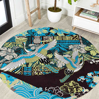 Japanese Hawaiian Crane Round Carpet Blue Tapa Patchwork Pattern
