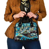 Japanese Hawaiian Crane Shoulder Handbag Blue Tapa Patchwork Pattern