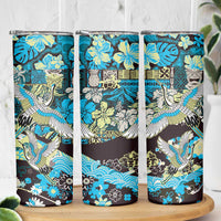 Japanese Hawaiian Crane Skinny Tumbler Blue Tapa Patchwork Pattern