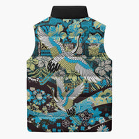 Japanese Hawaiian Crane Sleeveless Puffer Jacket Blue Tapa Patchwork Pattern