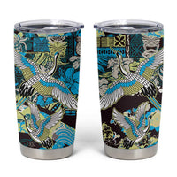 Japanese Hawaiian Crane Tumbler Cup Blue Tapa Patchwork Pattern