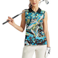 Japanese Hawaiian Crane Women Sleeveless Polo Shirt Blue Tapa Patchwork Pattern