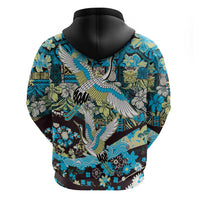 Japanese Hawaiian Crane Zip Hoodie Blue Tapa Patchwork Pattern