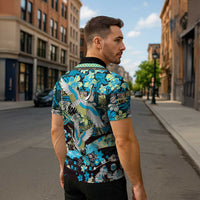 Japanese Hawaiian Crane Zipper Polo Shirt Blue Tapa Patchwork Pattern