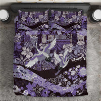Japanese Hawaiian Crane Bedding Set Purple Tapa Patchwork Pattern