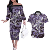 Japanese Hawaiian Crane Couples Matching Off The Shoulder Long Sleeve Dress and Hawaiian Shirt Purple Tapa Patchwork Pattern