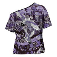 Japanese Hawaiian Crane Cross Shoulder Shirt Purple Tapa Patchwork Pattern