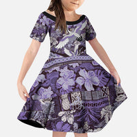 Japanese Hawaiian Crane Family Matching Long Sleeve Bodycon Dress and Hawaiian Shirt Purple Tapa Patchwork Pattern LT9 Daughter's Dress Purple - Polynesian Pride