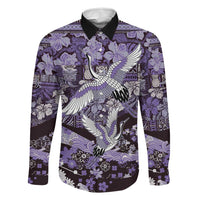 Japanese Hawaiian Crane Family Matching Mermaid Dress and Hawaiian Shirt Purple Tapa Patchwork Pattern LT9 Dad's Shirt - Long Sleeve Purple - Polynesian Pride