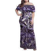 Japanese Hawaiian Crane Family Matching Off Shoulder Maxi Dress and Hawaiian Shirt Purple Tapa Patchwork Pattern LT9 Mom's Dress Purple - Polynesian Pride