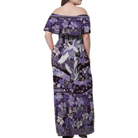 Japanese Hawaiian Crane Family Matching Off Shoulder Maxi Dress and Hawaiian Shirt Purple Tapa Patchwork Pattern LT9 - Polynesian Pride