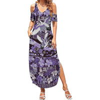 Japanese Hawaiian Crane Family Matching Summer Maxi Dress and Hawaiian Shirt Purple Tapa Patchwork Pattern LT9 Mom's Dress Purple - Polynesian Pride