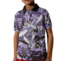 Japanese Hawaiian Crane Kid Polo Shirt Purple Tapa Patchwork Pattern