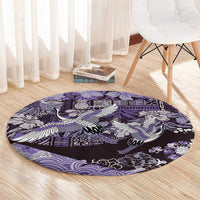 Japanese Hawaiian Crane Round Carpet Purple Tapa Patchwork Pattern