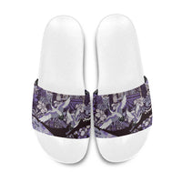 Japanese Hawaiian Crane Slide Sandals Purple Tapa Patchwork Pattern