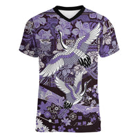 Japanese Hawaiian Crane Women V-Neck T-Shirt Purple Tapa Patchwork Pattern