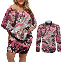 Japanese Hawaiian Crane Couples Matching Off Shoulder Short Dress and Long Sleeve Button Shirt Soft Pink Tapa Patchwork Pattern