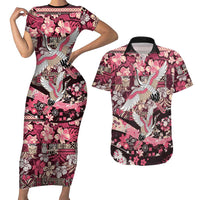 Japanese Hawaiian Crane Couples Matching Short Sleeve Bodycon Dress and Hawaiian Shirt Soft Pink Tapa Patchwork Pattern