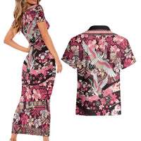 Japanese Hawaiian Crane Couples Matching Short Sleeve Bodycon Dress and Hawaiian Shirt Soft Pink Tapa Patchwork Pattern