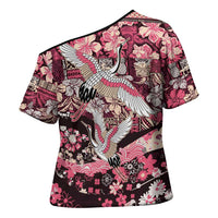 Japanese Hawaiian Crane Cross Shoulder Shirt Soft Pink Tapa Patchwork Pattern