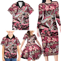 Japanese Hawaiian Crane Family Matching Long Sleeve Bodycon Dress and Hawaiian Shirt Soft Pink Tapa Patchwork Pattern LT9 - Polynesian Pride