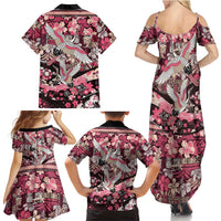 Japanese Hawaiian Crane Family Matching Summer Maxi Dress and Hawaiian Shirt Soft Pink Tapa Patchwork Pattern
