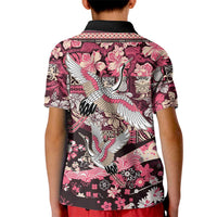 Japanese Hawaiian Crane Kid Polo Shirt Soft Pink Tapa Patchwork Pattern