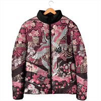 Japanese Hawaiian Crane Padded Jacket Soft Pink Tapa Patchwork Pattern