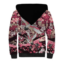 Japanese Hawaiian Crane Sherpa Hoodie Soft Pink Tapa Patchwork Pattern