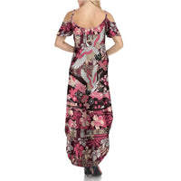 Japanese Hawaiian Crane Summer Maxi Dress Soft Pink Tapa Patchwork Pattern