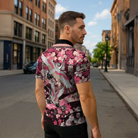 Japanese Hawaiian Crane Zipper Polo Shirt Soft Pink Tapa Patchwork Pattern