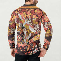 Japanese Hawaiian Crane Button Sweatshirt Yellow Ochre Tapa Patchwork Pattern